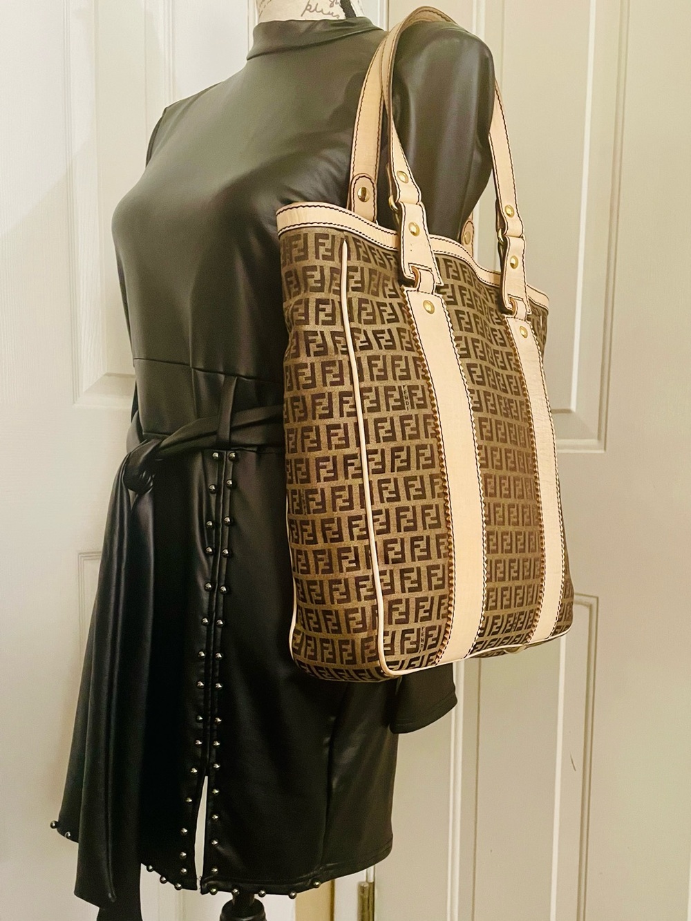 Fendi Brown Monogram Tote with Cream Trim